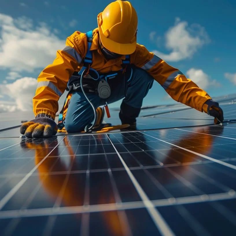 A SolTech engineer fitting a rooftop solar module.