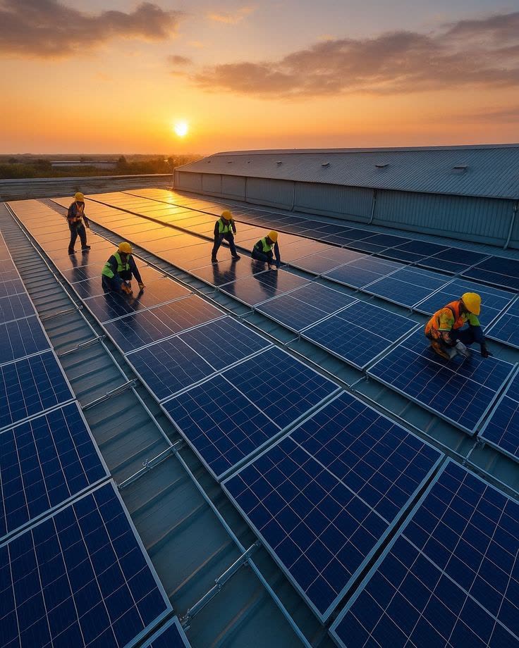 A crew installing DEWA-eligible solar panels on a rooftop.