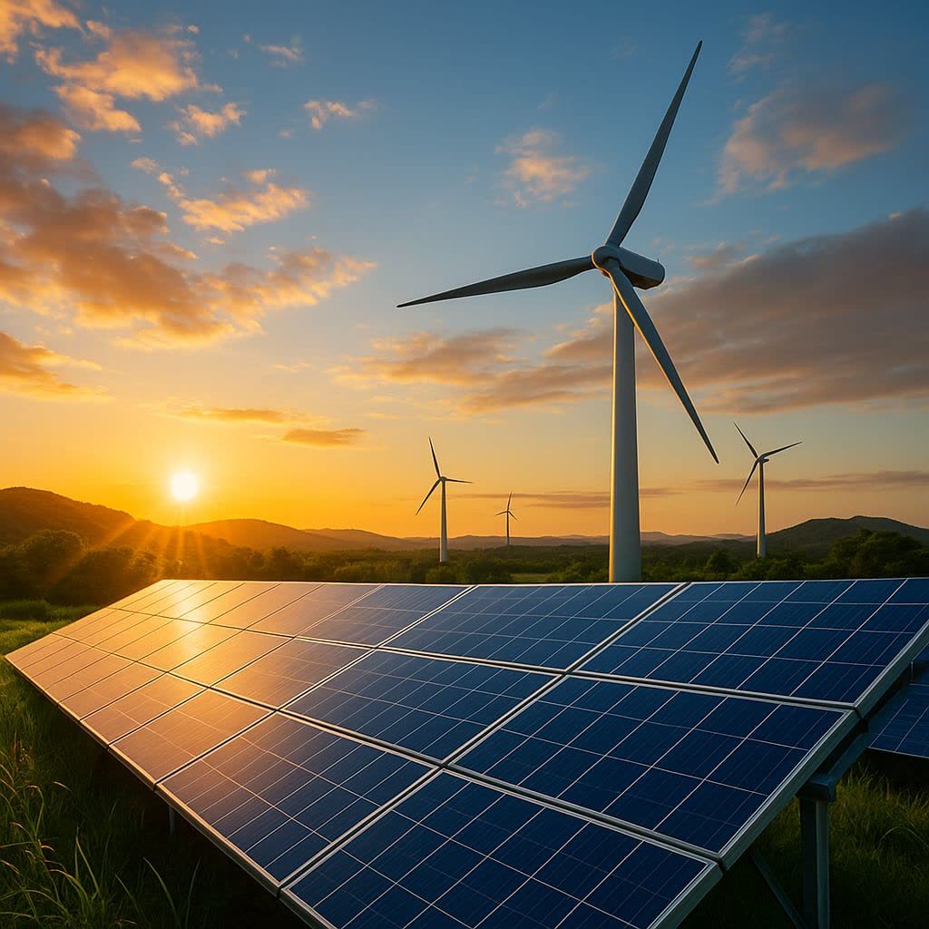 Solar panels and a wind turbine at sunset, self-generated clean power.