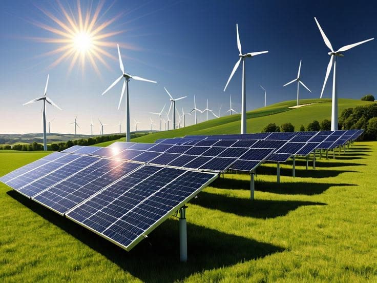Solar array beside wind turbines under the Shams Dubai grid programme.