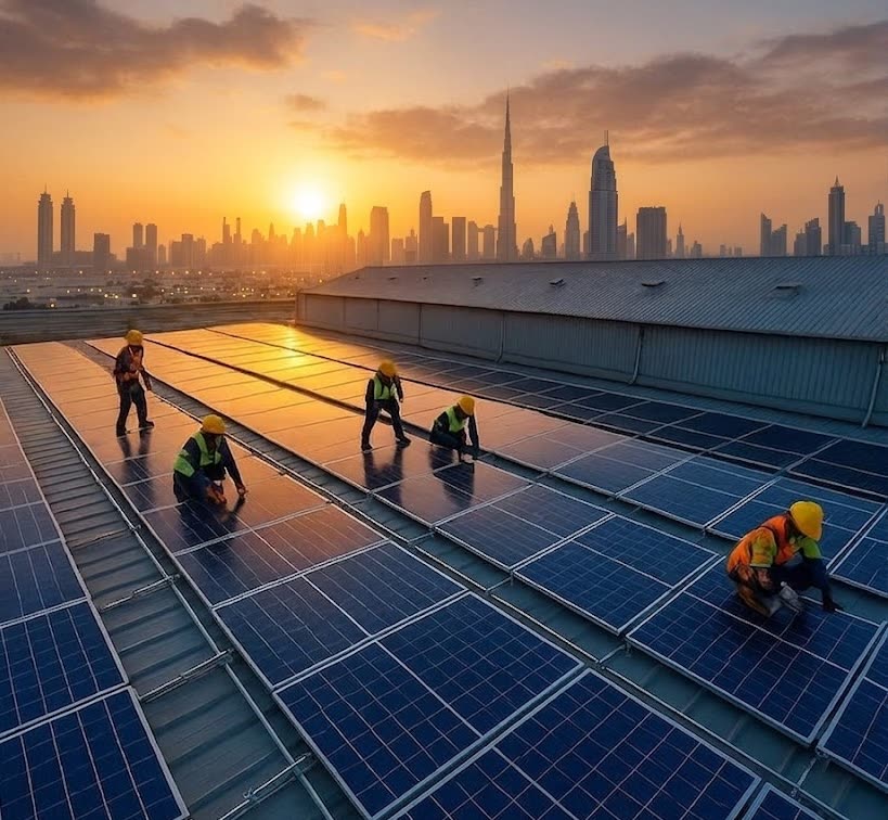 A SolTech crew installing rooftop solar panels at sunset, with the Dubai skyline behind.