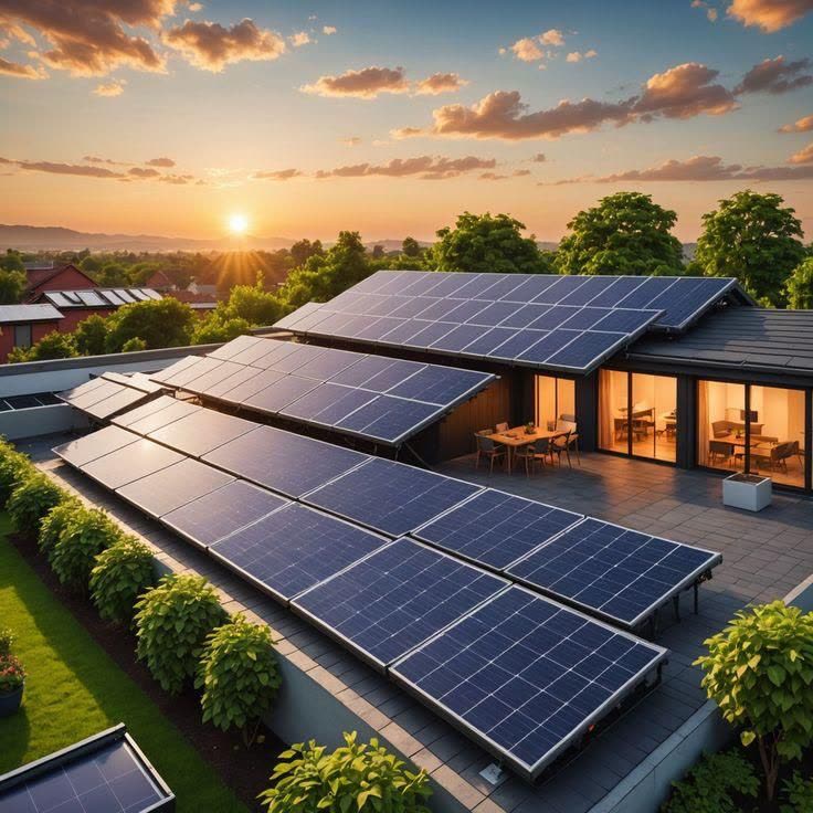 A villa rooftop solar array at sunset.